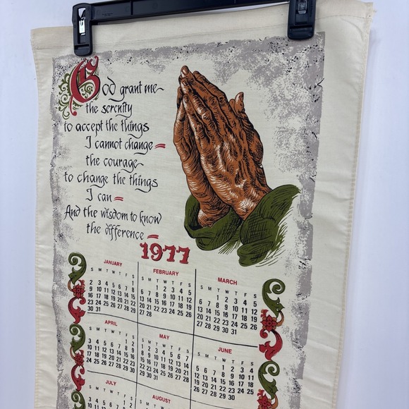 1977 Vtg Hanging Calendar Tea Towel Praying Hands Serenity Prayer God Grant Me - Picture 4 of 9